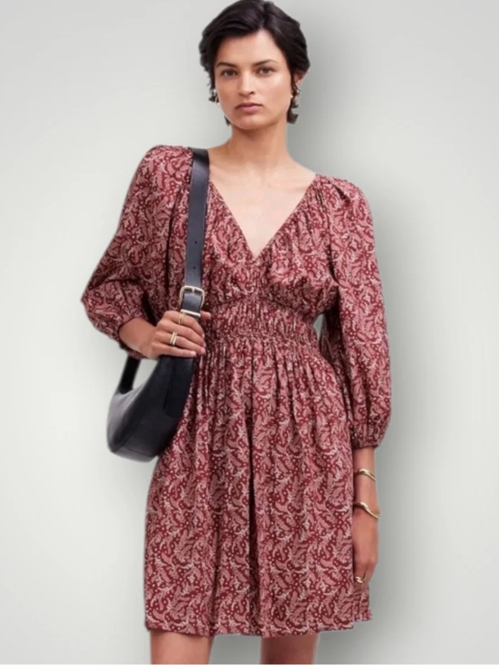 Madewell Smocked Y-Neck Mini Dress Burgundy & White Like New